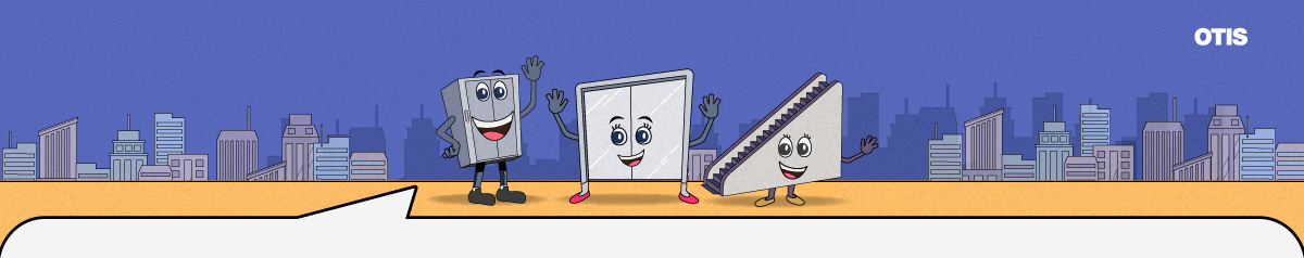 Mascotes de Otis frente al skyline de la ciudad